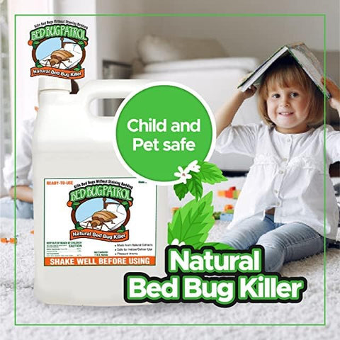 Bed Bug Patrol Tratamiento en aerosol para matar chinches | 4 (1 galón) | Mata las chinches por contacto, natural y no tóxico, seguro para niños y mascotas. Recomendado para el trabajo, el hogar, colchones y muebles.