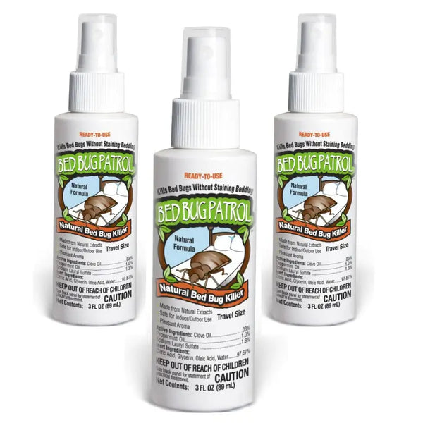 Patrulla de chinches | Viajes seguros | Spray de viaje para eliminar chinches de cama | Paquete de 3 paquetes | 3 oz cada una